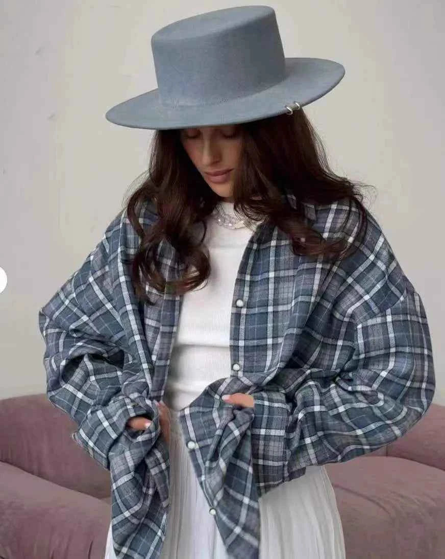 New Vintage Women Oversized Long Sleeve Plaid Shirt Blouse Tops Autumn Winter Button Down Loose Lapel Pocket Shirt Korean Style