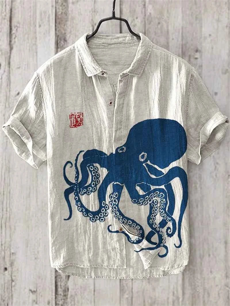 New Men's Short Sleeve Shirt Black Octopus Drum Rock Guitar Art Print Harajuku Vintage Flap Top Sandy Beach