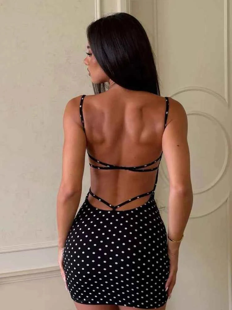 Kliou Sexy Fashion Mini Dress Woman Polka Dot Print Low-Neck Backless Skinny Peach Hip Hottie High Street Elegant Style Bodycon