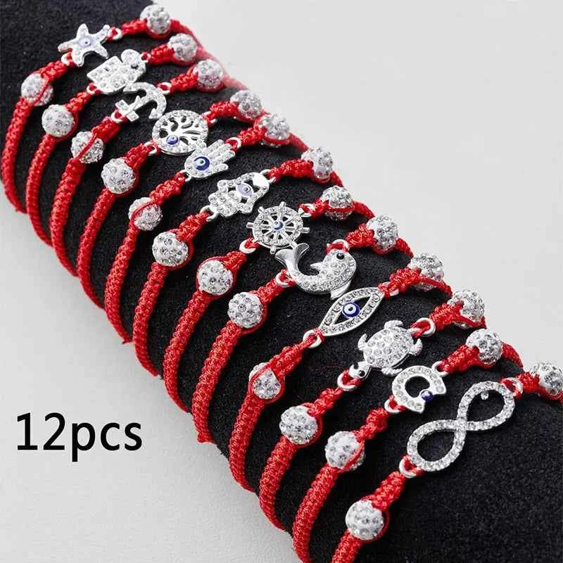 12Pcs/Set Evil Eye Bracelet Set for Both Men and Women Woven Red Bracelet Adjustable to Protect Friendship