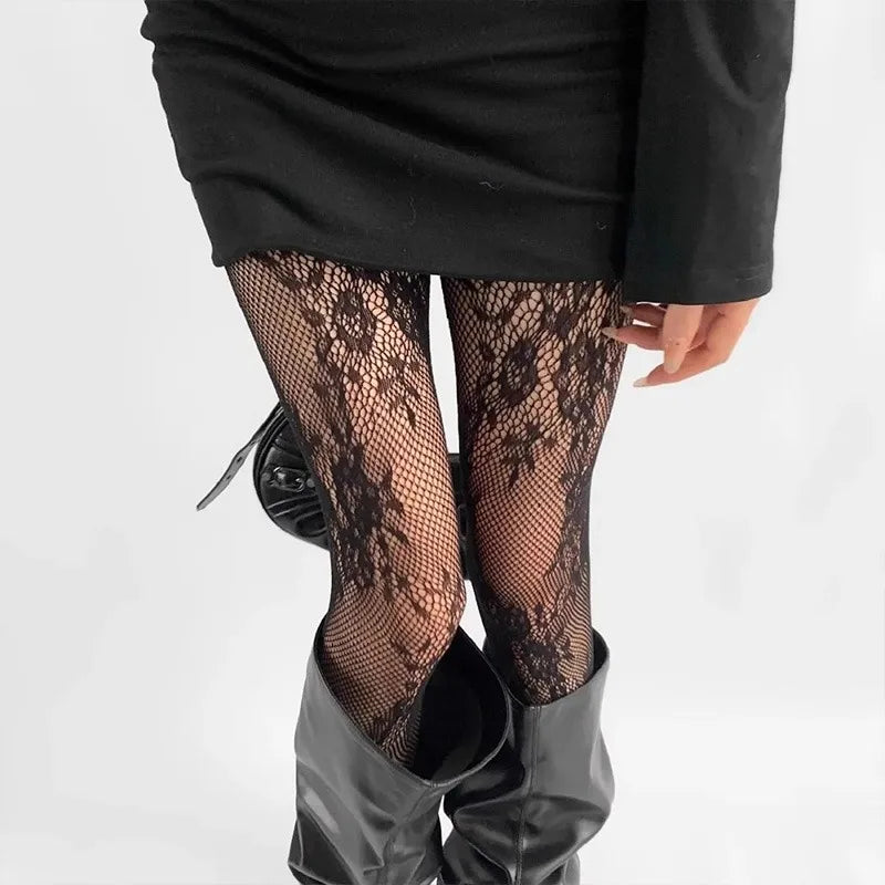 Harajuku Black White Brown Hollowed Out Lace Mesh Pantyhose Floral Rattan Bottomed Stockings Sexy Women Tights Fashion Hosiery