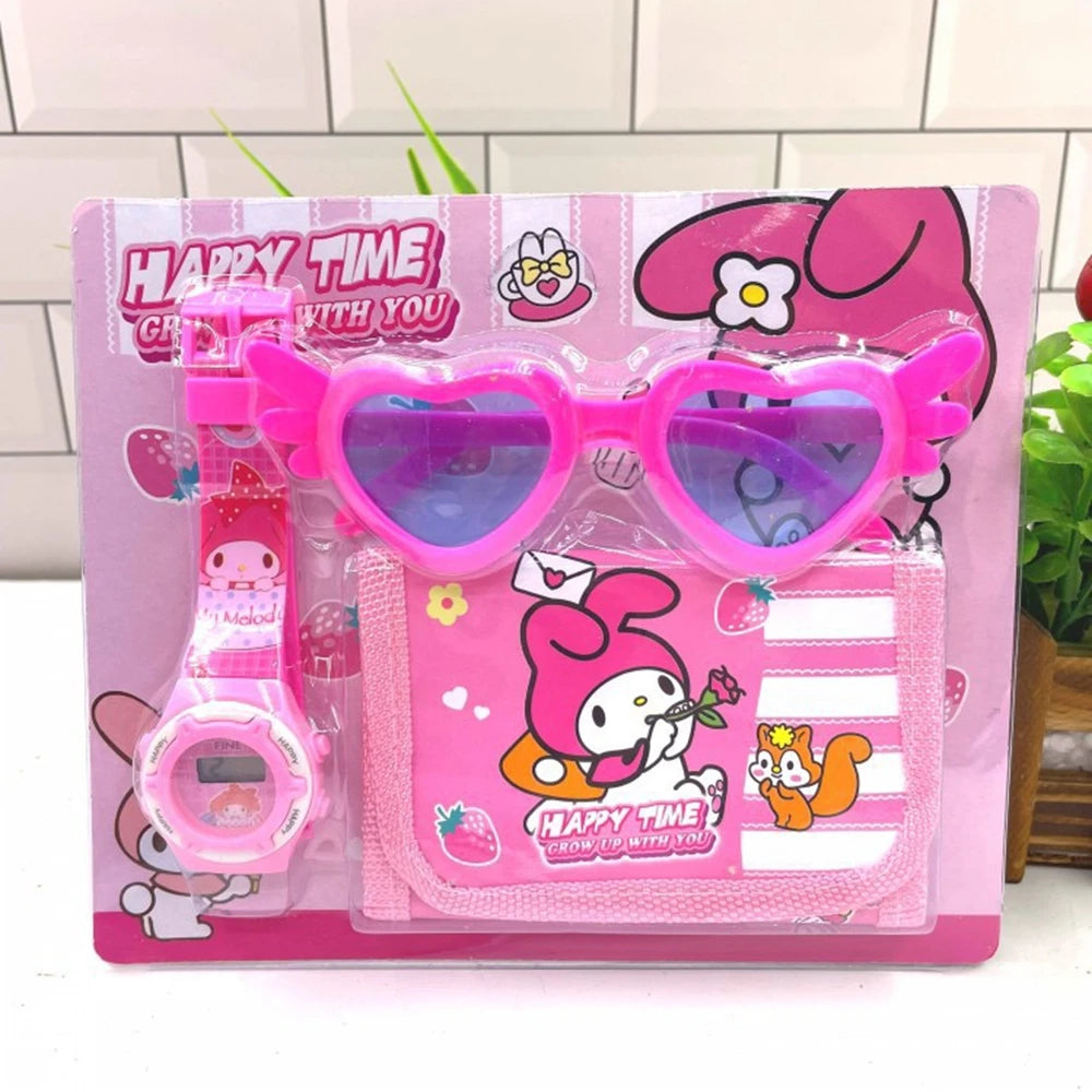 Sanrio Children's Watch Set, Hello Kitty Fashion Watch with Children's Wallet and Glasses, Melody Kulemi Cartoon Watch