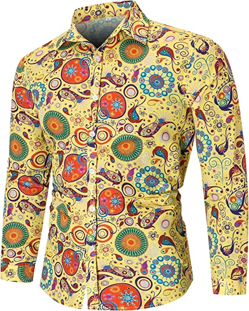Fashionable Men's 70s Disco Shirts Casual Shirts Floral Vintage Long Sleeve Shirts Button Lapel Cardigan Mens Oversized Shirts