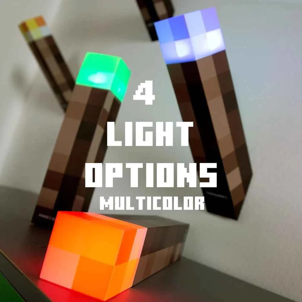 MC Game Brownstone Torch Lamp Figure 4Colors LED Night Light Bedroom Decorative Table Lamp USB Charging with Buckle Kids Toy Gif