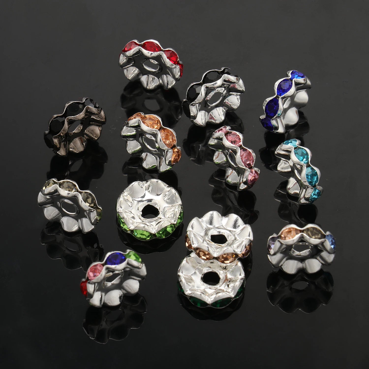 30pcs/lot 12mm Wave Side Rhinestone Spacer Beads Colorful Crystal Metal Rondelle for Jewelry Making Diy Crafts Accessories