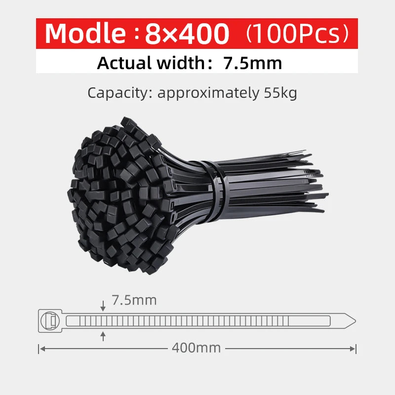 100PCS, Width 7.5mm Self-Locking Plastic Nylon Cable Tie, Plastic Bundling Cable Clip, Plastic Wire Fixing Strap, White/Black