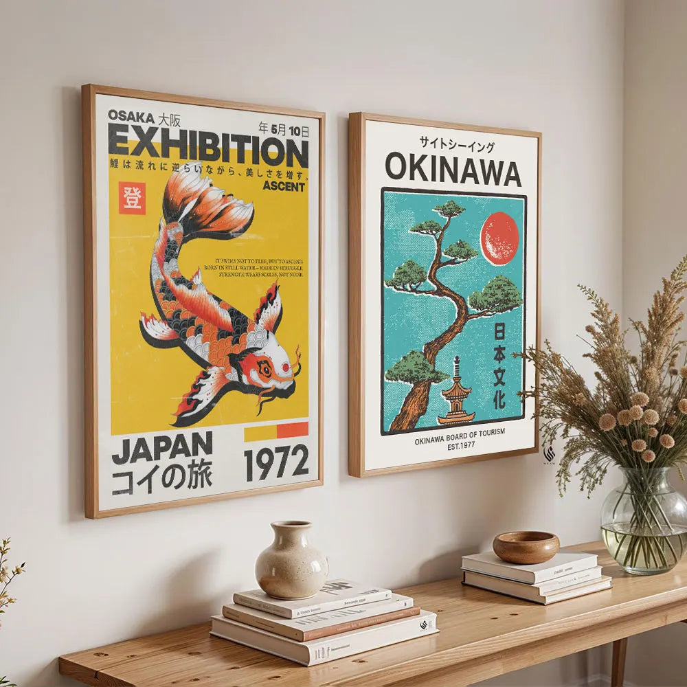 Japanese Koi Fish Flowers Trees Pink Aesthetic Snake Poster Canvas Painting Print Mid Century Art Coffee House Bar Room Decor