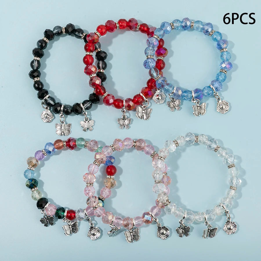 6pcs/set Flower Butterfly Charms Bracelet Elastic Bracelet Colorful Glass Beads Bracelet For Women Girls Fashion Jewelry Gifts