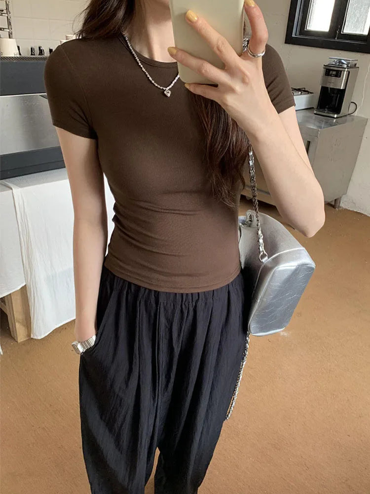 Basic Solid Crop Top Short Sleeve Crewneck Skinny T-shirt Summer Casual Tee for Women Y2K Vintage Top Harajuku Streetwear