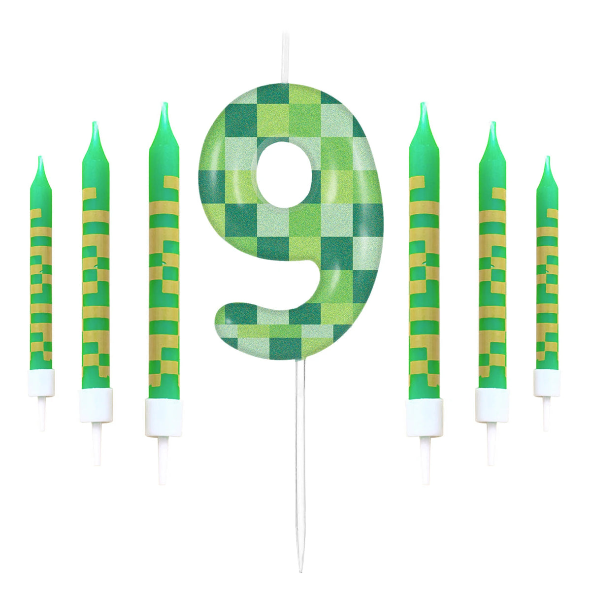 7pcs Green My World Candle Birthday Party Pixel Theme Birthday Party Video Game Party Decoration 0-9 Cake Top Digital Candles