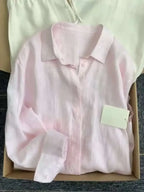 Women Linen Shirt Casual Loose Long Sleeve Thin Summer Top Pure Color Turn Down Collar French Style Sunscreen Clothing