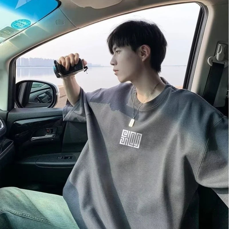 M-8XL Men Oversized Loose Fitting T-shirt American Style Simple Icon Print Fashionable Tee Oversized Short Sleeved Youth Trend
