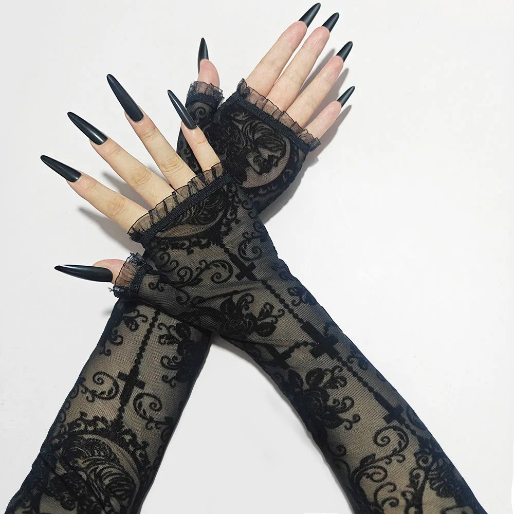 Halloween Women Black Sexy Skeleton Cross Flowers Lace Long Gloves Elasticity Transparent Mesh Lolita Punk Cosplay Short Gloves