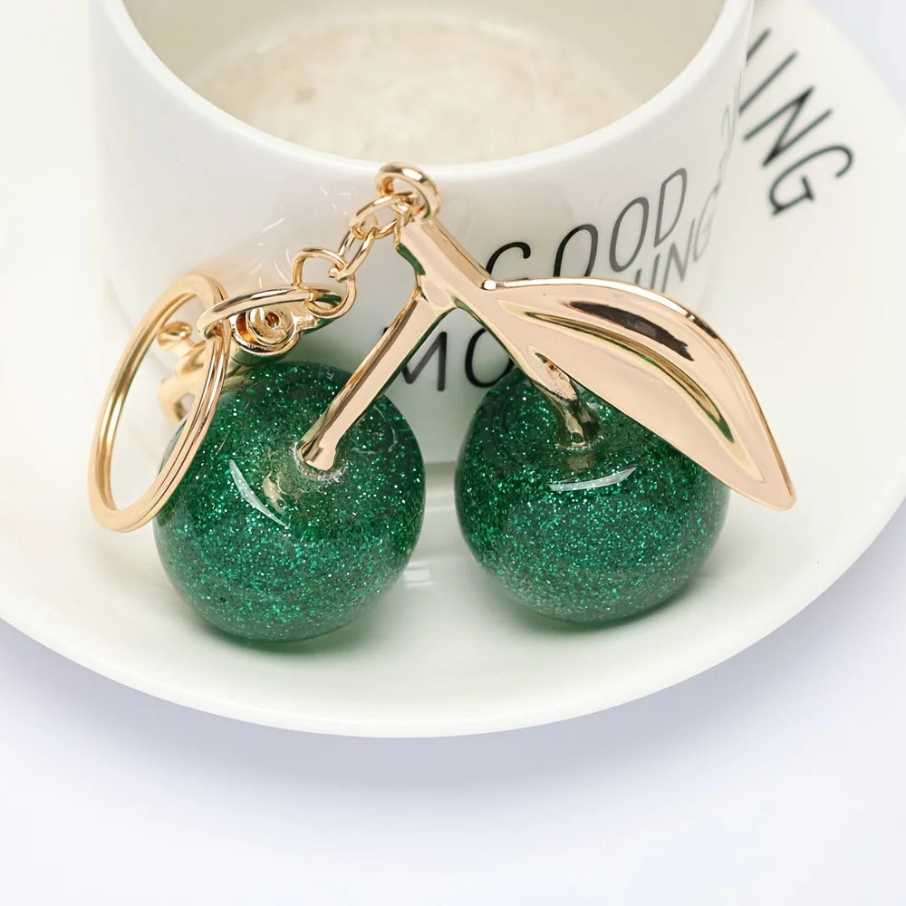 Cherry Fruit Bag Pendant Keychain Creative Women's Cherry Car Key Pendant, Green, Brown