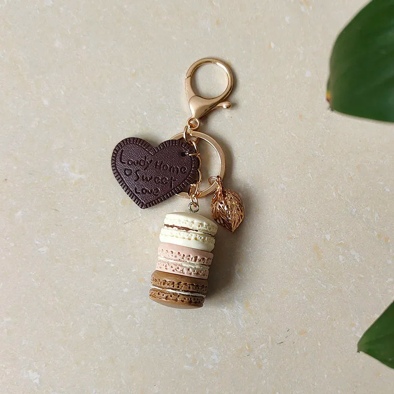 Women New Macaron Cake keychain PU love alloy leaf Key Chain Charm Bag pendant Key Ring Best Party Gift Jewelry K3006