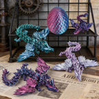 Colorful gemstone 3D-printed dragon egg figurine with wings and egg shape, featuring flexible joints and handcrafted desktop dec