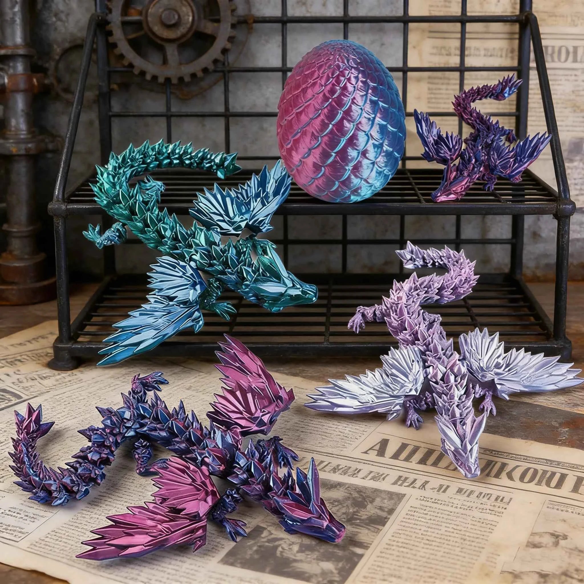 Colorful gemstone 3D-printed dragon egg figurine with wings and egg shape, featuring flexible joints and handcrafted desktop dec