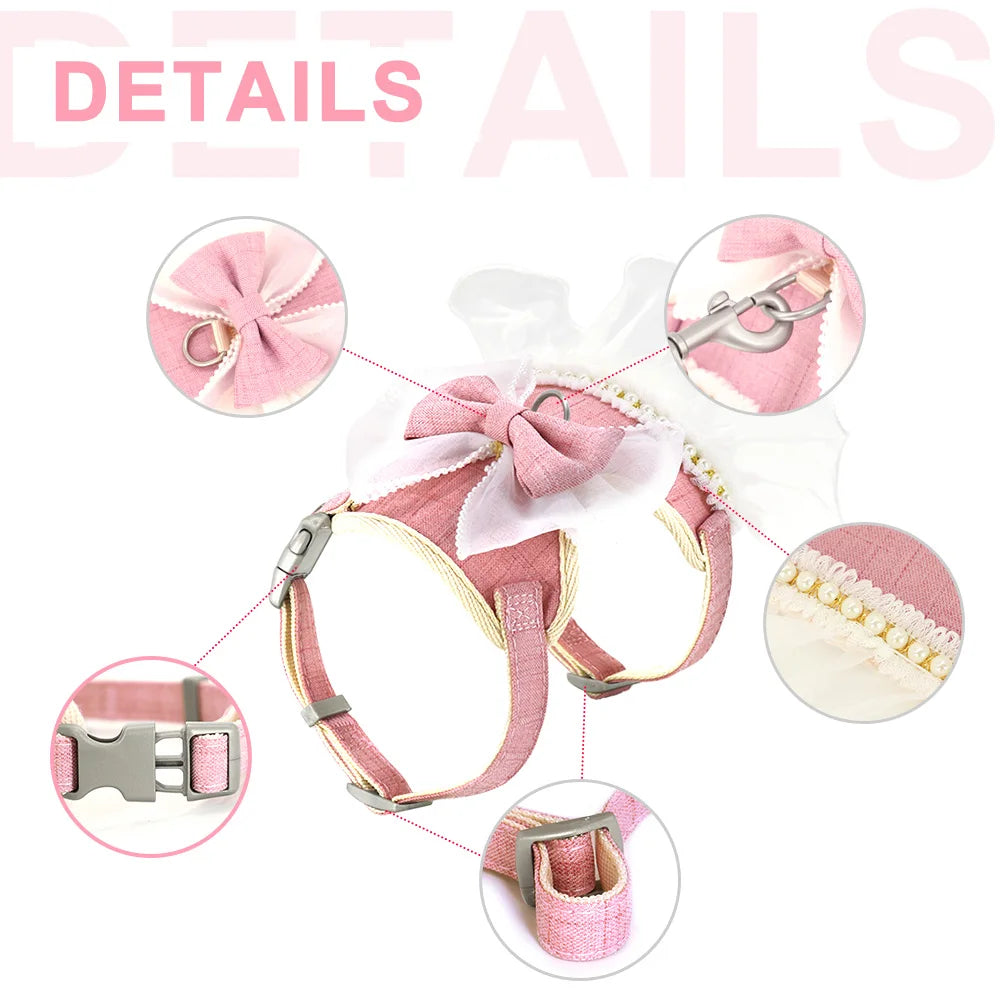 Pink cat harness with floral details and close-up details on a white background