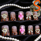 10PCS Diamond French Pointed Nail Short Square Nail Nude Fake Nail With Gold Glitter Diamond Nail Leopard Print Fake Nail