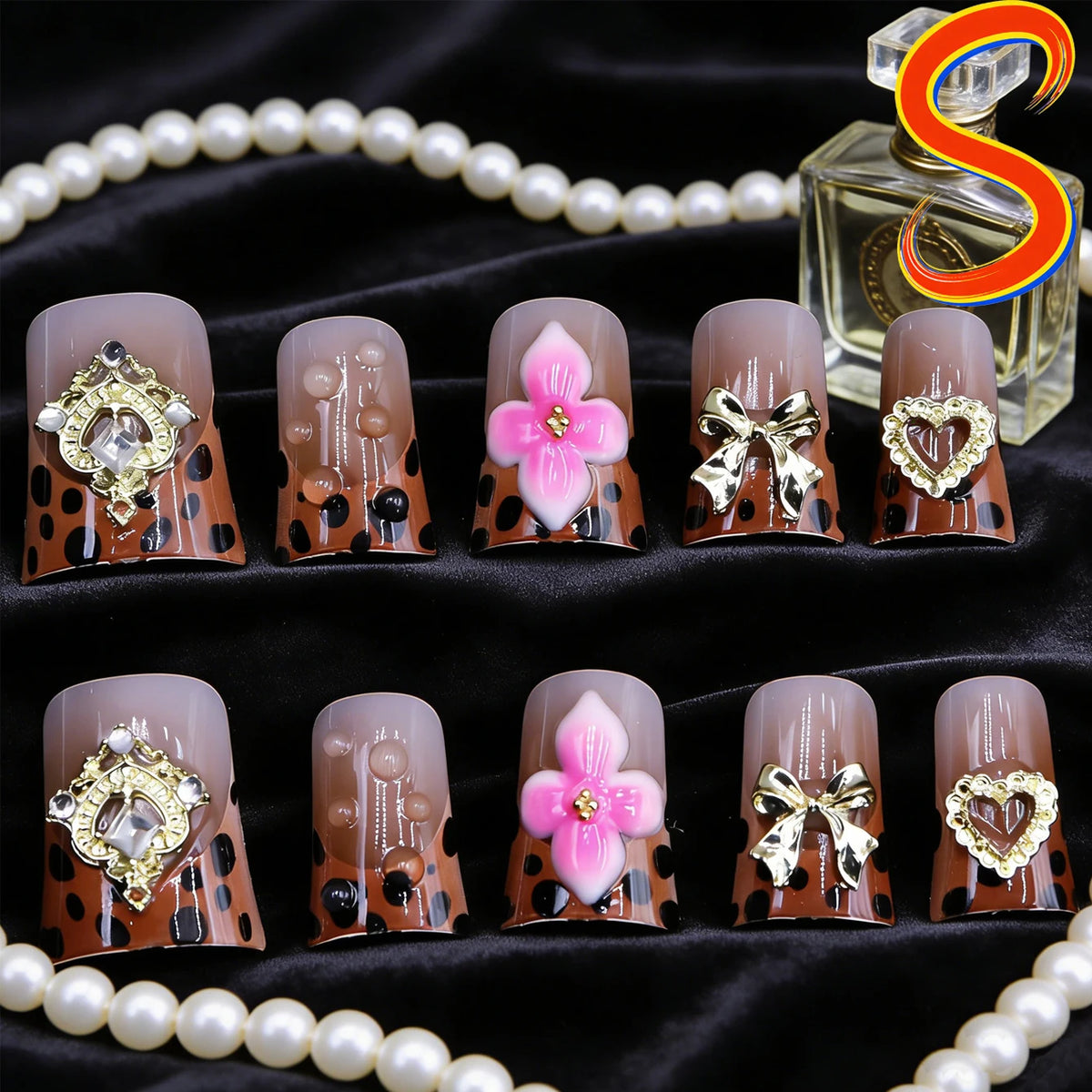 10PCS Diamond French Pointed Nail Short Square Nail Nude Fake Nail With Gold Glitter Diamond Nail Leopard Print Fake Nail