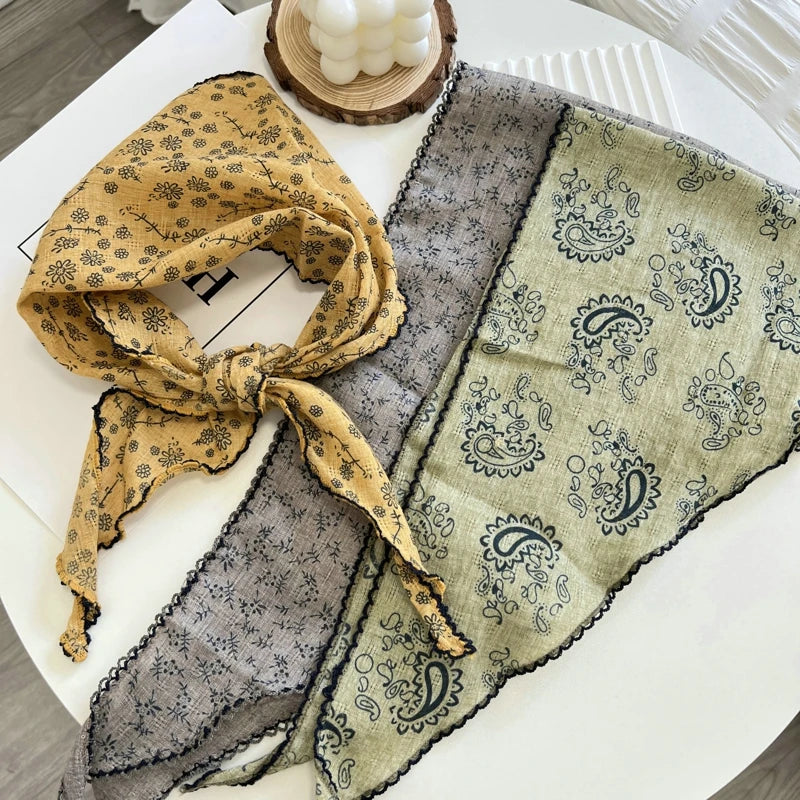 Summer Print Flower Neck Scarf Shawl Triangle Hair Head Wrap Headband Handkerchief Hair Ties Bandanas Hair Ribbon For Women