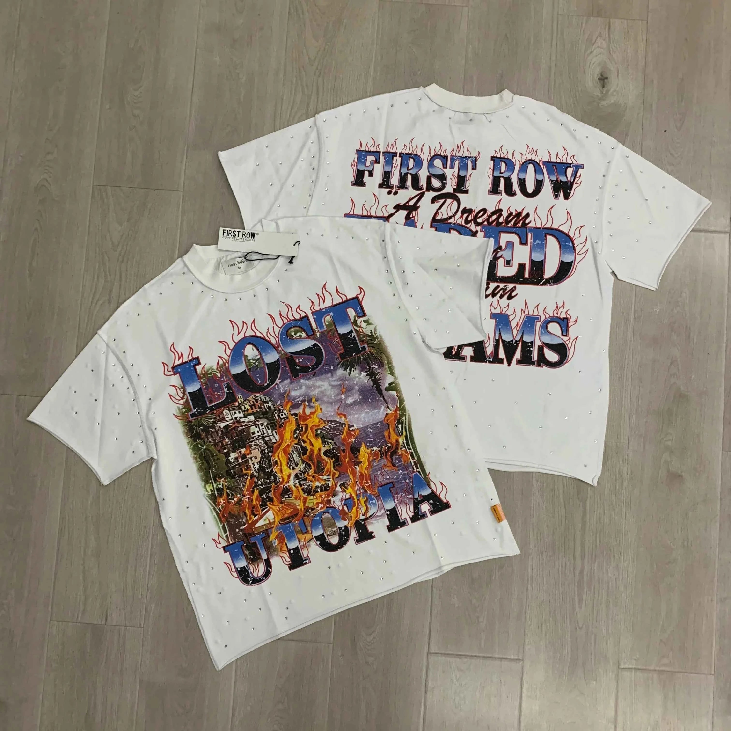 Streetwear Vintage Washed Diamond Cropped Tee for Men Crew Neck Short Sleeve Loose Cotton Rhineston Tshirts Oversized