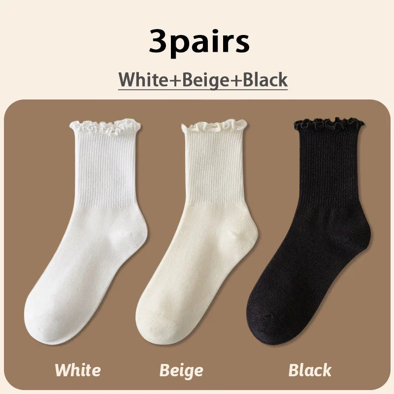 Harajuku Ruffle Socks Women Girls Sweet Cotton Middle Tube Black White Socks Jk Lolita Soft Breathable Ankle Loose Short Sock