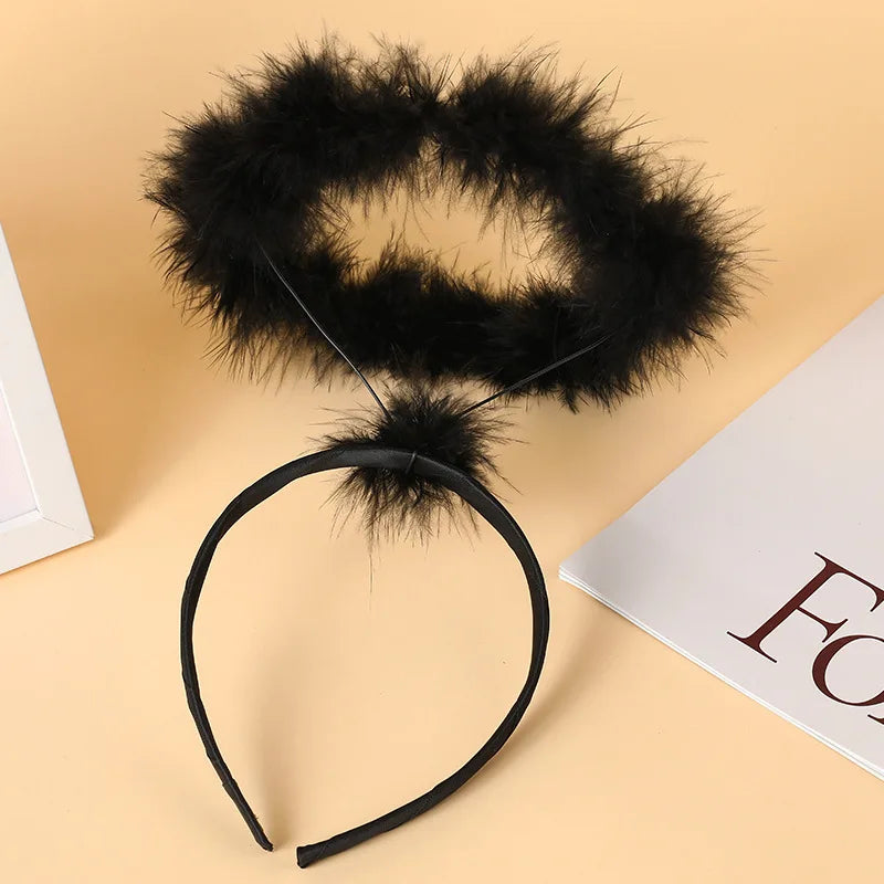 Gothic Angel Devil Headpiece with Colorful Feathers, Glamorous Horns for Women's Halloween Cosplay Party