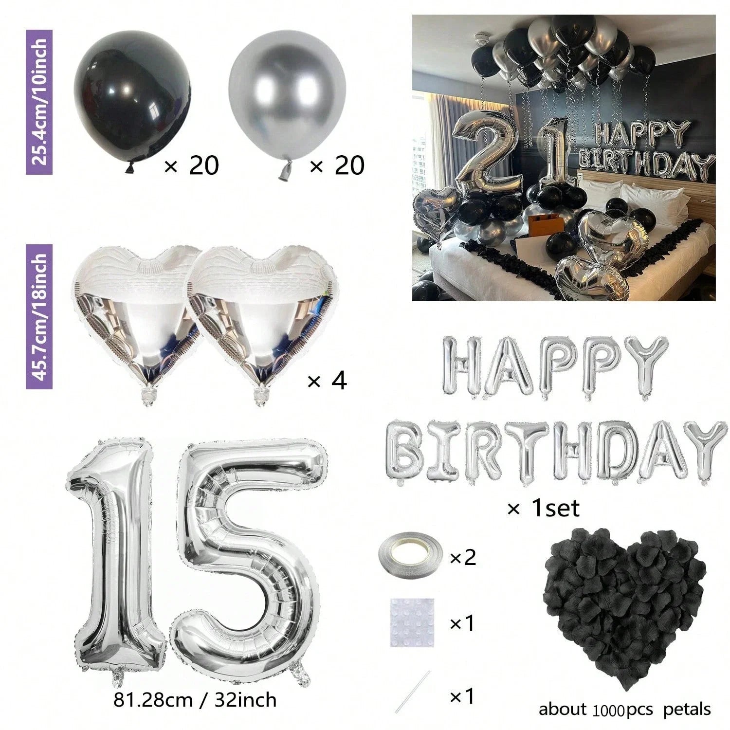 1050/21/200pcs Black & Silver Party Balloons Decorations, Silver Happy Birthday Banner, Chrome Silver Latex Balloons