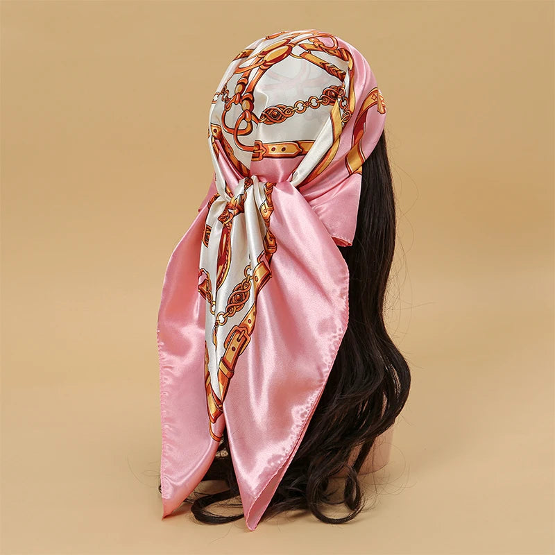Satin Square Scarf Women Muslim Hijab Elegant 2025 Print Silk Neckerchief Shawl Wraps Headband Handle Hair Accessories Bandana