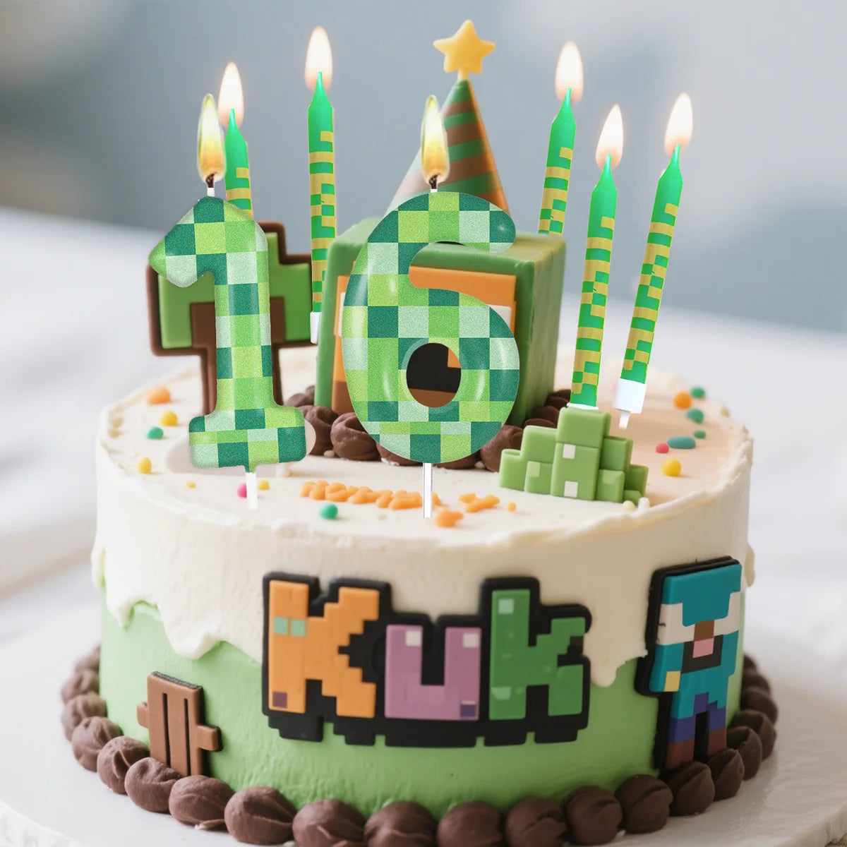 7pcs Green My World Candle Birthday Party Pixel Theme Birthday Party Video Game Party Decoration 0-9 Cake Top Digital Candles