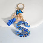 Fashion Blue Glazed Stone A To Z Letter Keychain 26 Initials Alphabet Butterfly Tassel Pendant Car Key Chain Women Jewelry GIfts