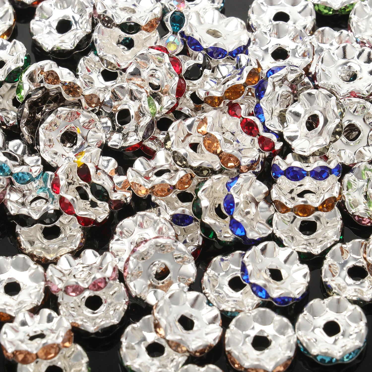 30pcs/lot 12mm Wave Side Rhinestone Spacer Beads Colorful Crystal Metal Rondelle for Jewelry Making Diy Crafts Accessories