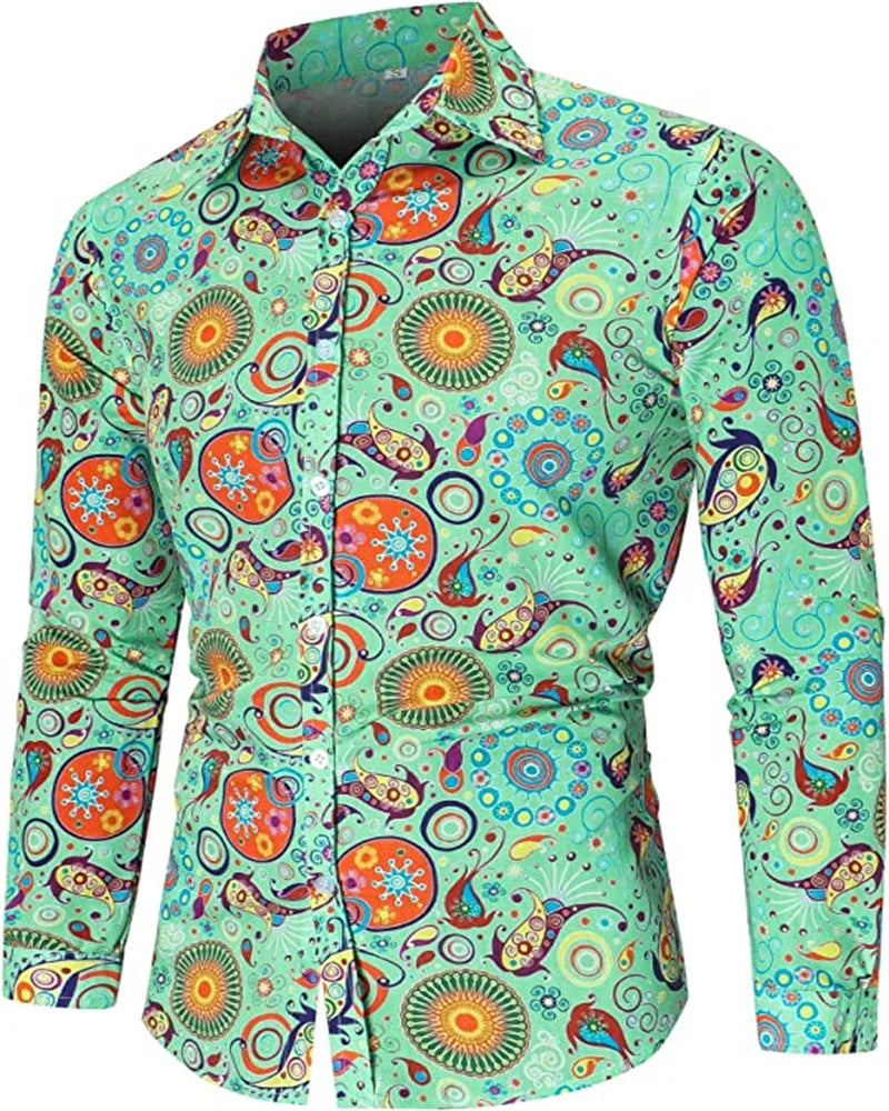 Fashionable Men's 70s Disco Shirts Casual Shirts Floral Vintage Long Sleeve Shirts Button Lapel Cardigan Mens Oversized Shirts