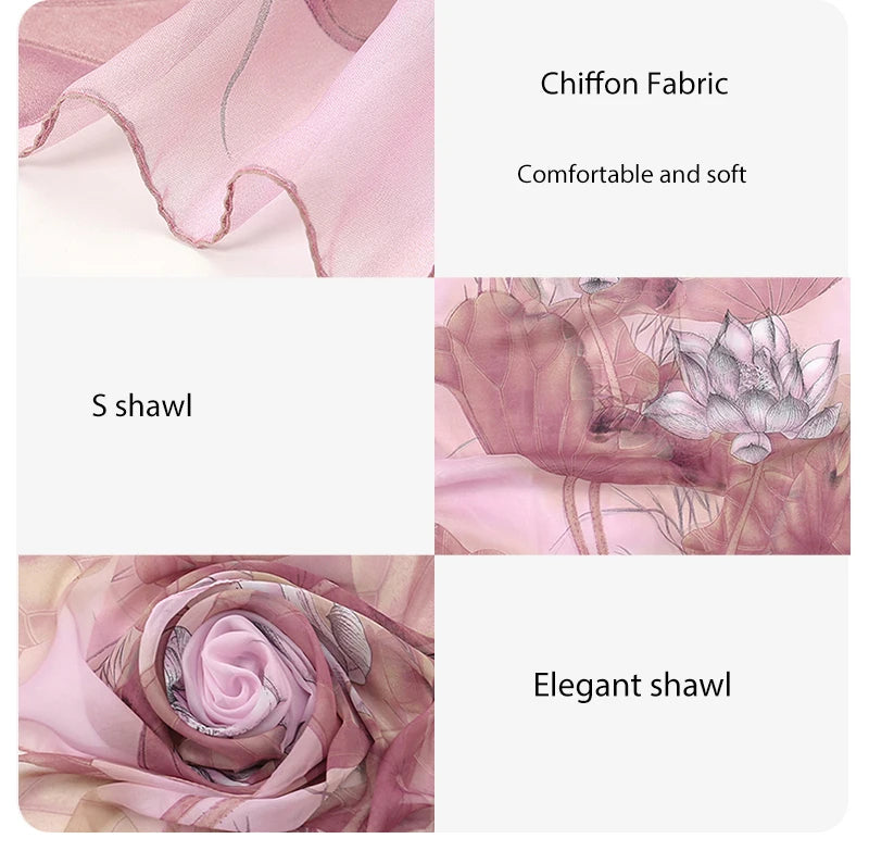 1PCS Lotus Print Chiffon Scarf Fashionable Lightweight Neck Scarf For Women Summer Neck Sun Protection Silk Scarf Shawl 150*50cm