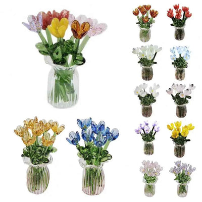 Glass Flower Decor Handcrafted Floral Sculpture Hand-blown Glass Flower Bouquet with Vase Mini Floral Decoration for Home Room