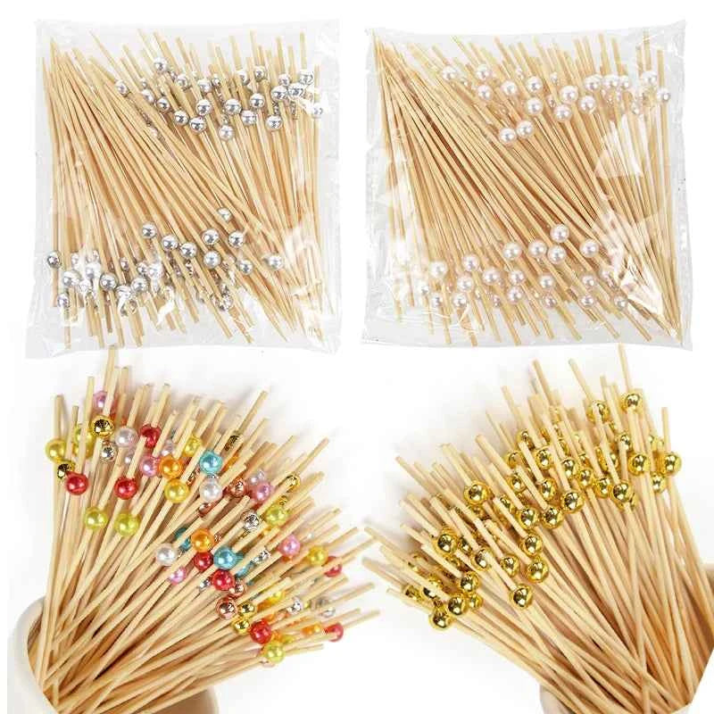 100Pcs Disposable Bamboo Skewer Hawaiian Flamingo Pearl Cocktail Picks Buffet Food Fruit Forks For Wedding Birthday Party Decor