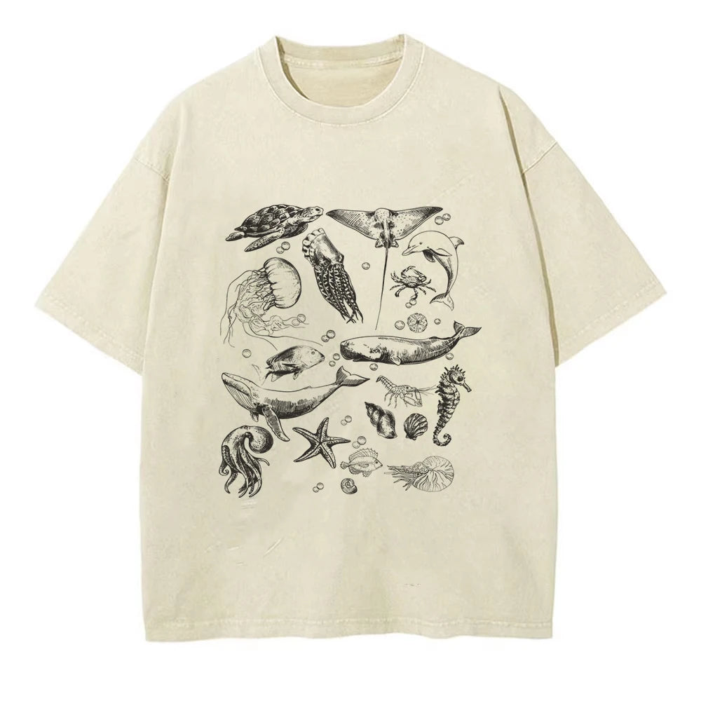 100% Cotton Tshirt Ocean Creatures Nature Short Sleeve Tops Tees Vintage Harajuku Fish T-Shirt Men Women Streetwear
