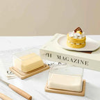 Bamboo Butter Dish Plate with Transparent Cover Household Butter Box Container Refrigerator Keep Fresh Butter Storage Box