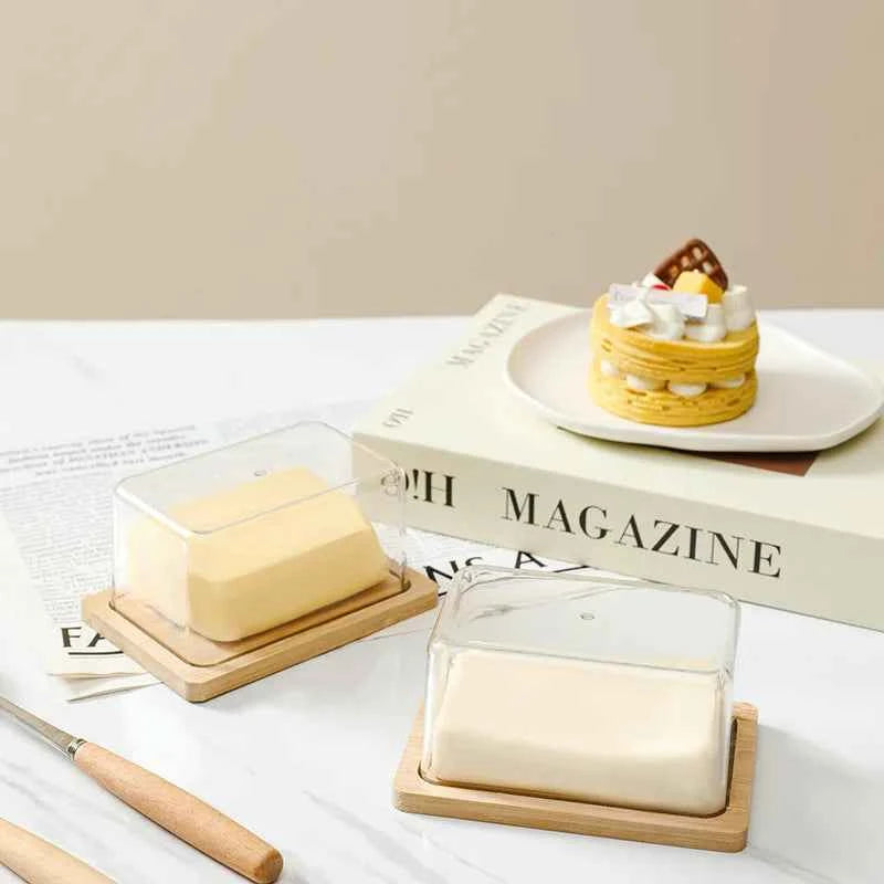 Bamboo Butter Dish Plate with Transparent Cover Household Butter Box Container Refrigerator Keep Fresh Butter Storage Box