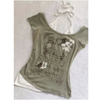 2026 Summer Vintage Fake Two Piece Halter Lace Up T-shirts Y2k Slim Fit Print Tops Women Off Shoulder Short Sleeve Tee Shirt