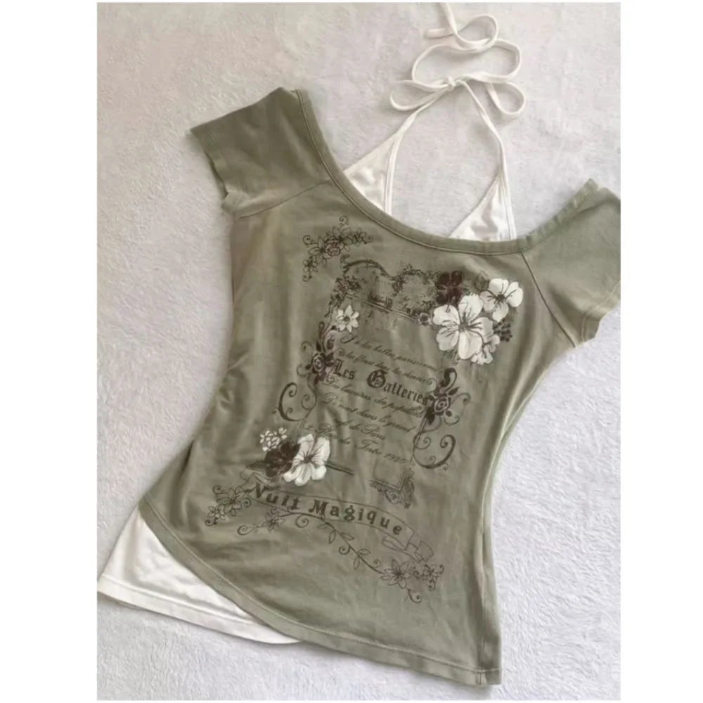 2026 Summer Vintage Fake Two Piece Halter Lace Up T-shirts Y2k Slim Fit Print Tops Women Off Shoulder Short Sleeve Tee Shirt