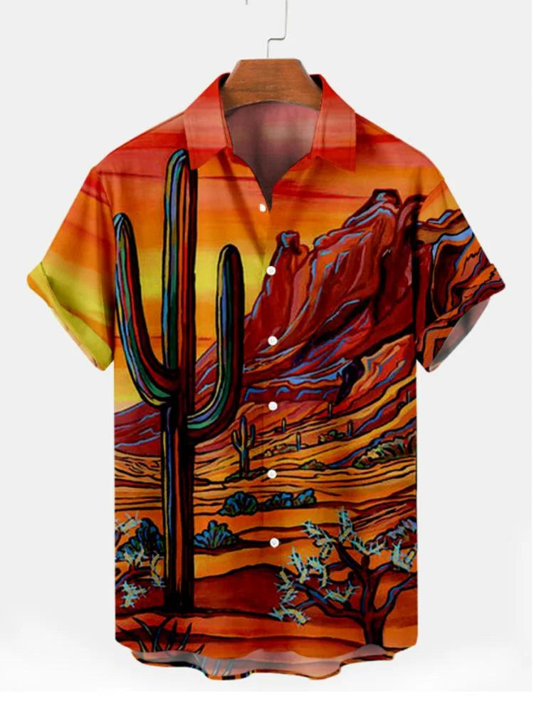 Fashion Men's Cactus Desert Printed Shirts Casual Hawaiian Beach Resort Shirt Summer Natural Landscape Vintage Printed Shirts