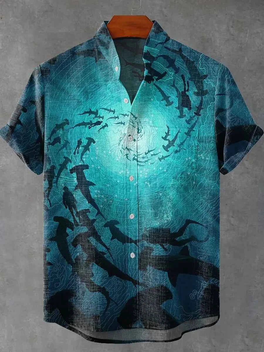 Summer Men's Short Sleeve Shirt Wave Vintage 3D Printed Casual Fashion Linen 100% Men's Beach Holiday Short Sleeve Shirt