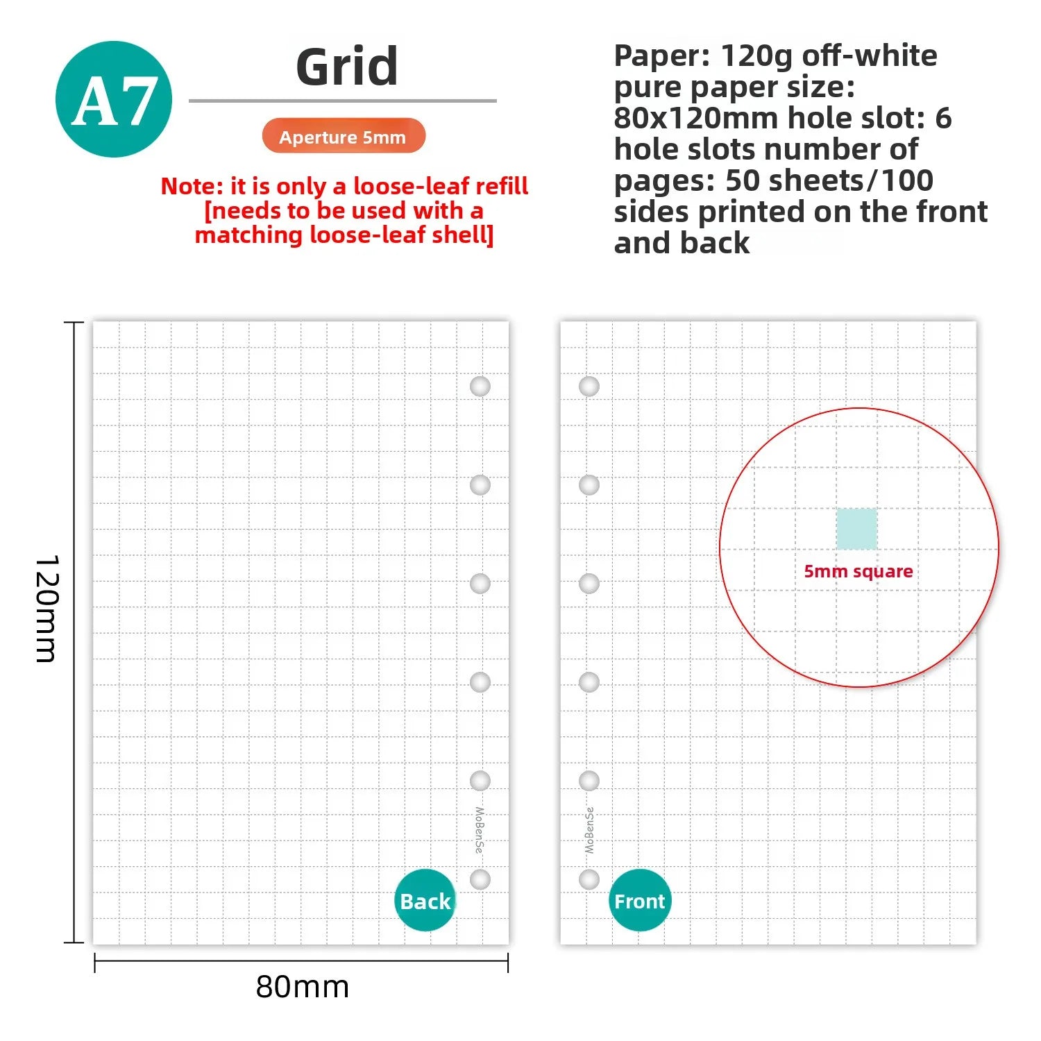 A7 50Sheets Loose Leaf Notebook Refill Spiral Binder Inner Page Weekly Monthly To Do Line Grid Inside Paper Stationery