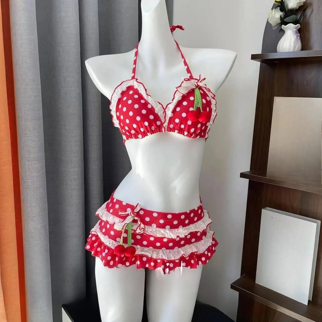 Japanese Style Kawaii Girls Swimsuit Sweet Printed Halter Bikini Swimsuit Women Ruffle Bikini Set Bather Bathing Suit Swim