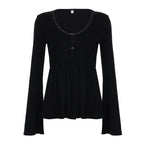 Women Solid Lace Trim Patchwork Button Flared Sleeves Shirt Casual V Neck Knit Top Y2k Aesthetic Fall Clothes Fairycore