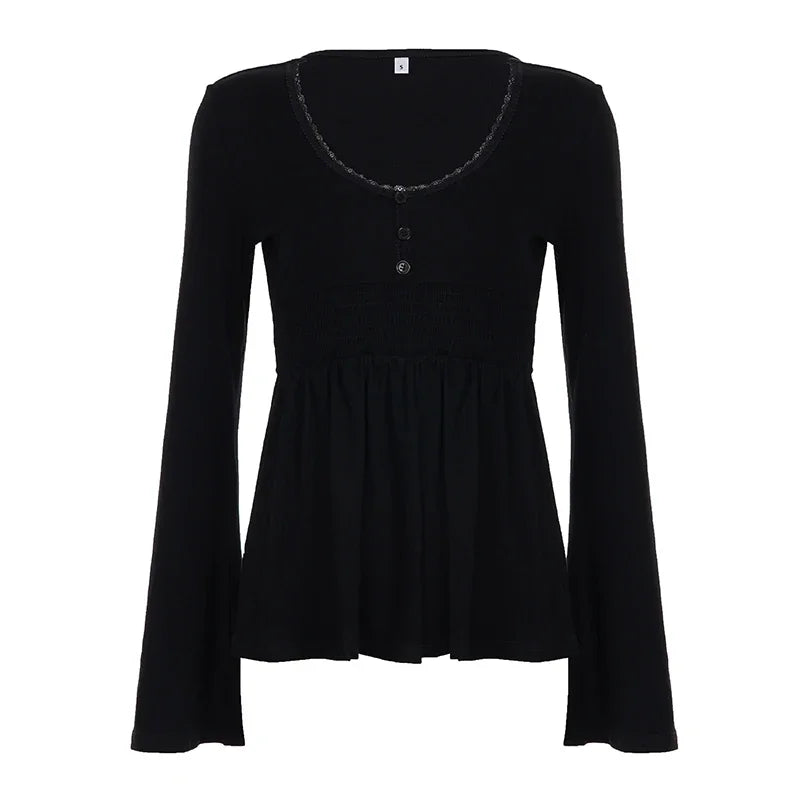 Women Solid Lace Trim Patchwork Button Flared Sleeves Shirt Casual V Neck Knit Top Y2k Aesthetic Fall Clothes Fairycore