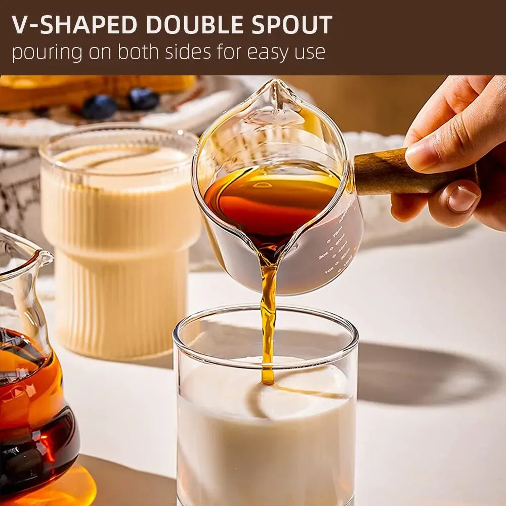 1pc Glass Measuring Cup Wood Handle Glass Espresso Measuring Cup Double Single Mouth Milk Coffee Clear Mug Coffee Supplies