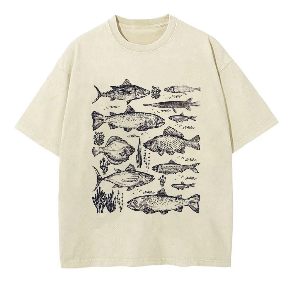 100% Cotton Tshirt Ocean Creatures Nature Short Sleeve Tops Tees Vintage Harajuku Fish T-Shirt Men Women Streetwear